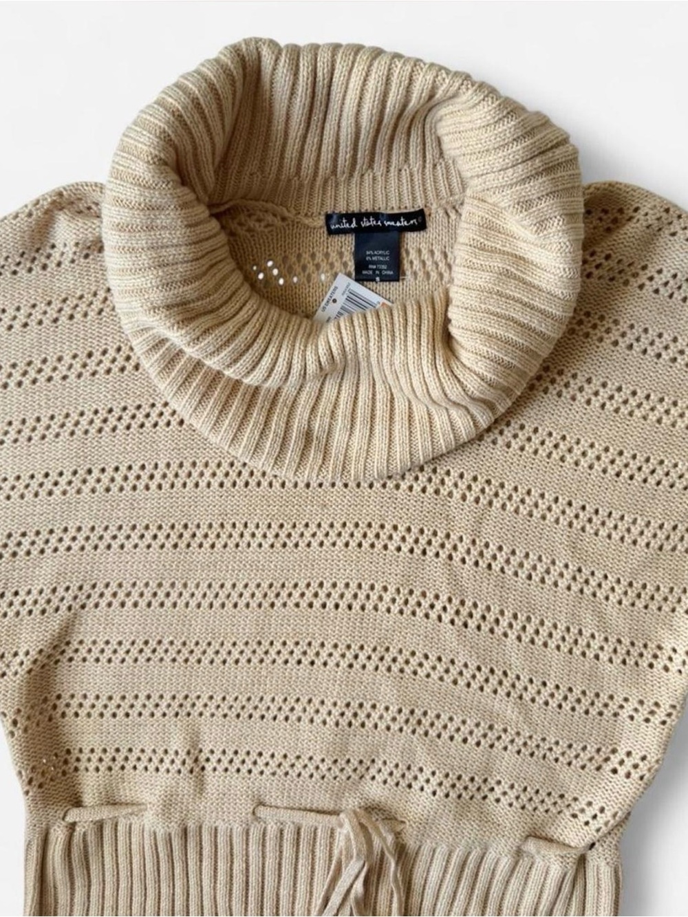 United States Sweaters Cream Pointelle Cowl Neck Drawstring Sweater
